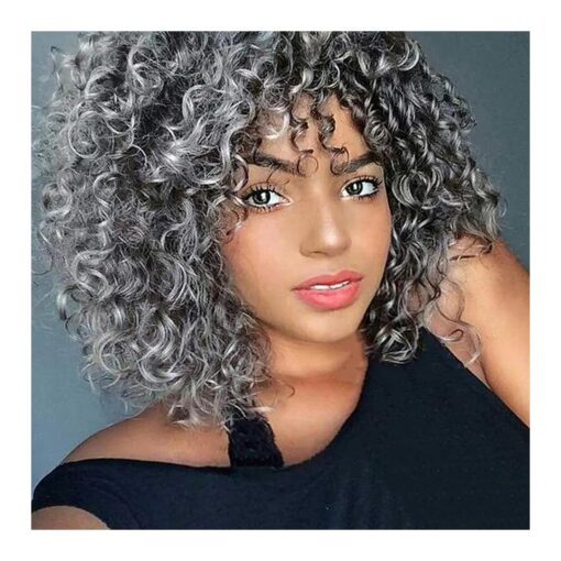 Curly Wigs for Black Women - Ombre Gray Synthetic African American Full Kinky Curly Afro Hair Wig with Bangs