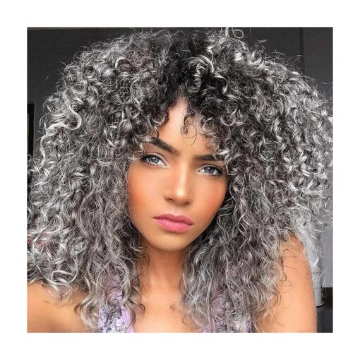 Curly Wigs for White Women - Kinky Curly Afro Wig with Bangs Ombre Gray Color Synthetic Mixed Wigs with 1 Wig Comb and 4pcs Wig Caps