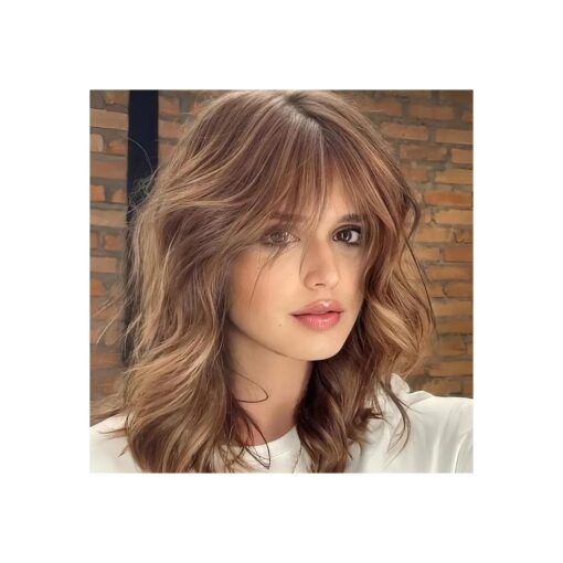 EMMOR Short Curly Wigs with Fringe, Wavy Bob Wigs for Women Heat Resistant Synthetic Blonde Wigs Shoulder Length Wigs Natural Looking ( Ombre Light Brown