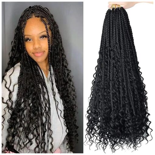 LMZIM 24 Inch 8 Packs Boho Box Braids Crochet Hair Bohemian Crochet Box Braids with Curly Ends Goddess Box Braids Synthetic Crochet Hair for Black Women ( 24inch, 1b )