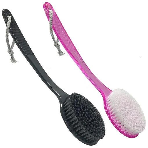 Back Bath Brush - Curved Long Handle Shower Brush with Medium Stiff Bristles for Cleaning and Exfoliating Body, Back Scrubber for Men & Women ( Black + Pink 2 Pack )