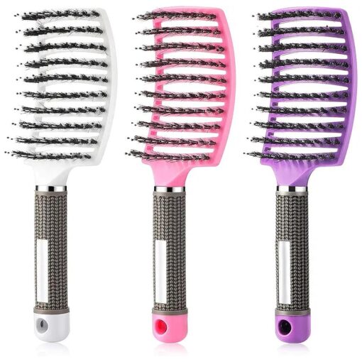 3 Pieces Curved Vented Boar Bristle Hair Brushes Fast Dry Detangling Hair Brush Curved Vented Styling Hair Brush Fast Blow Drying Hair Brush for Wet, Long and Curly Hair, 3 Colors