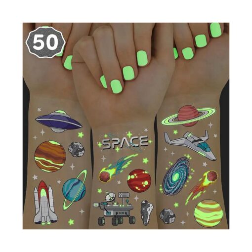 xo, Fetti Space + Planets Glow in Dark Temporary Tattoos for Kids - 50 pcs | Alien Birthday Party Supplies, Astronaut Favors + Rocket ship Decorations