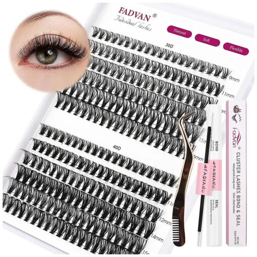 DIY Lash Extension Kit, 240Pcs Lash Clusters Velvet Thin Band Individual Lashes D Curl Eyelash Extension Kit With Lash Bond and Seal and Lash Applicator For Self Applicator at Home ( 30D/40D-D-9-16MM )