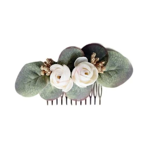 Wedding Bridal Comb Camellia Hair Comb Ranunculus Green leaf Floral Clip Headpiece Head-comb