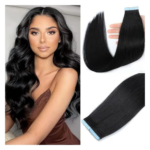 Tape in Hair Extensions Human Hair 100 % Real Remy Human Hair 50g 20pcs/Set Brazilian Virgin Hair Straight Seamless Invisible Skin Weft Extensions ( 18 Inch, # 1Jet Black )