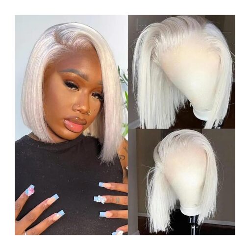 Grey White Color 60 # Platinum Blonde Wig for White Women REAL SKINLIKE HD Transparent Lace Frontal Pre Plucked Wear and Go Glueless Bob Wigs Human Hair 14 Inch Silky Straight Wigs 150 %