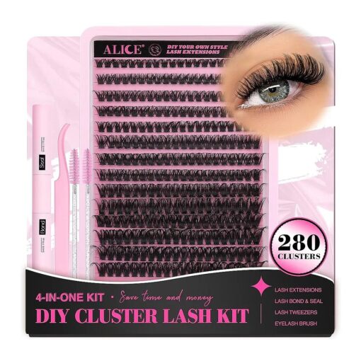 DIY Eyelash Extension Kit D Curl Fluffy Wispy Lash Clusters Individual Lashes Lash Extension Kit with Lash Bond and Seal Applicator Tool for Self Application at Home ( 80P-280Pcs-Mix10-16mm-0.07D )