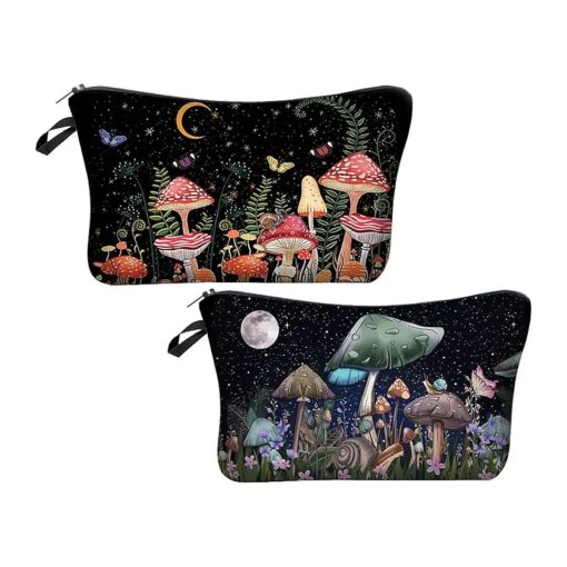 2 Pack Soft Makeup Bag for Purse, 3D Allover Printed Makeup Pouch with Zipper Cute Storage Washing Bag Small Pouch Gift for Women-Mushroom