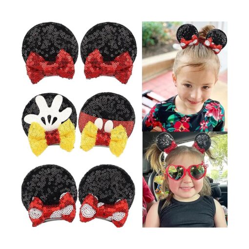 CELLOT 6PCS Sequin Mouse Ears Hair Clips - Glitter Hair Bows Cute Mice Ears Hair Clips Barrettes for Women Girls Hair Accessories for Costume Party Favor Halloween Christmas Decoration