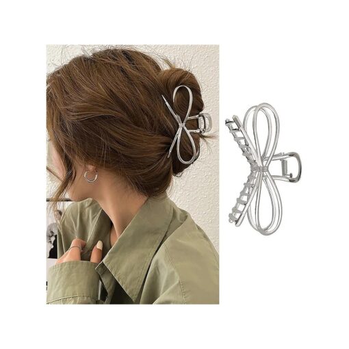 Bow Hair Claw Clip Cute Claw Hair Clips Large Hair Clip Silver Metal Bow Claw Hair Clip Nonslip Hair BarrettesStrong Hold Claw Clips Bowknot Hair Jaw Clip Styling Hair Accessories for Thick Thin Hair