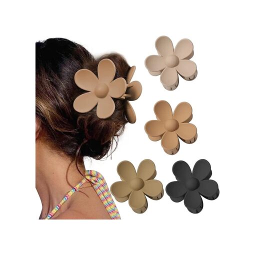 Flower Cute Hair Claw Clips - 4Pcs Flower Hair Clip Nonslip Strong Hold Hair 3 Inch Matte Small Flowers Claw Clips for Women and Girls ( Beige+Khaki+Brown+Black )