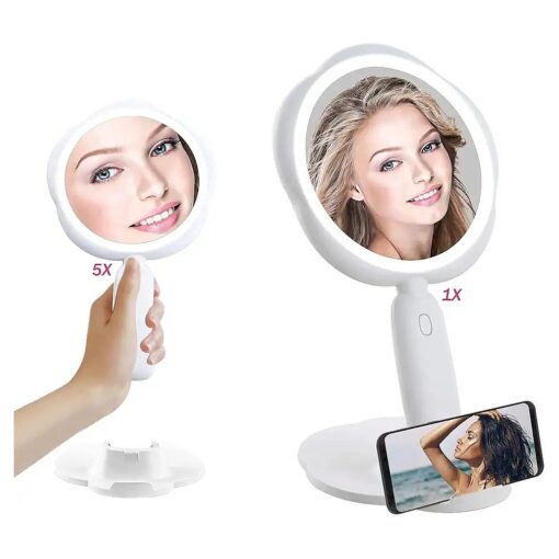 Lighted Makeup Mirror, Portable Travel Handheld Vanity Mirror with Phone Stand and 3 Color LED, 1x/5x Magnification Cute Flower Shaped Mirror, Beauty Gifts for Girl and Daughter