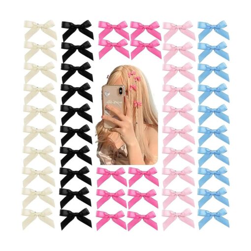 50Pcs Mini Hair Clips for Women Girls Black Blue Hair Ribbon Clips Small Bowknot Barrettes White Pink Satin Bow Hair Clips Cute Hair Clips Pins Metal Y2k Hair Accessories for Braids Teens Toddlers