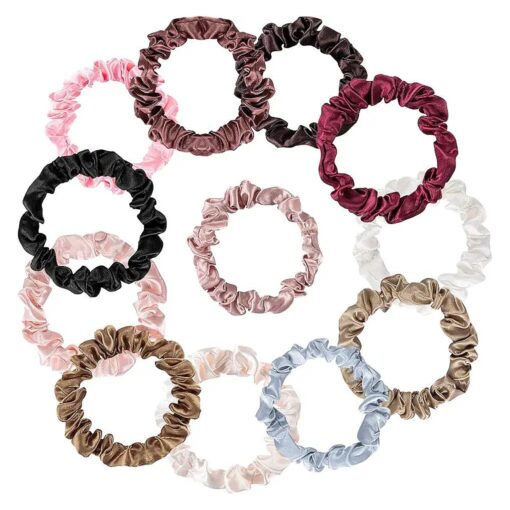 VAGA 12 Cute Scrunchies For Hair - Soft Satin hair Scrunchies for Women - Snag Free ponytail holder Scrunchy Hair Ties - Skinny Hair Tie Ropes Elastics - Girls Gift