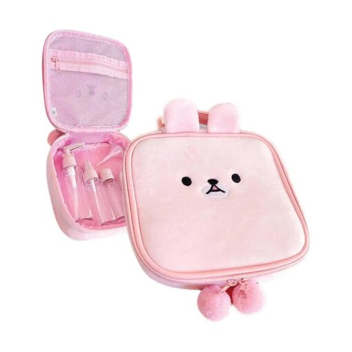 na1 Cute Kawaii Plush Makeup/Cosmetic Bag With Inner Pocket and Handle and Zipper Closure for Convenient Travel and Portability, Soft Velvet Texture, For Women and Girls ( Pink Bunny )