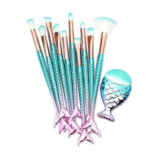 11PCS Makeup Brushes Set with Colorful Fish Tail Handle, Foundation Eyebrow Eyeliner Blush Cosmetic Concealer Brushes Women Christmas Gift Ideas Stocking Stuffers for Girls Kids Cute Make Up Tool Set