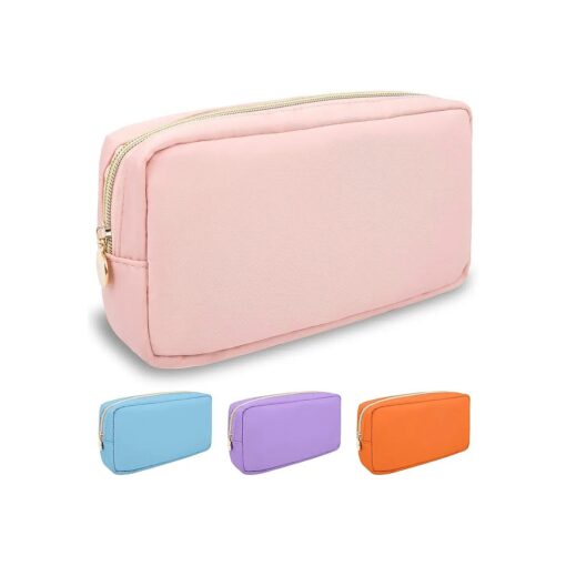 Nylon Small Makeup Bag for Purse, Cute Preppy Pink Makeup Bag Cosmetic Zipper Pouch Purse, Waterproof Portable Travel Toiletry Bag Clutch Makeup Brush Bag Organizer Storage for Women Men Girls ( Pink )