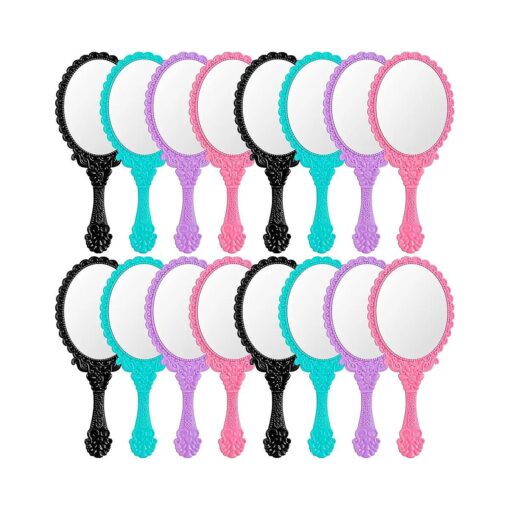 16 Pcs Retro Hand Held Mirror Small Vintage Handheld Mirror Cute Hand Mirror Oval Decorative Hand Held Mirror with Handle Compact Travel Mirror Makeup Mirror for Girls ( Black, Green, Purple, Pink )