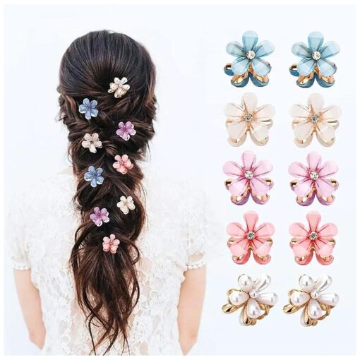 10 Pcs Mini Cute Flower-Shaped Hair Clips for Girls, Multicolor Crystal Hair Barrettes for Long Braid Hairstyles, Pearl Hairpin for Women Hair Accessories ( 10 Pcs- Mix Color )