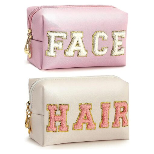 2PCS Preppy Makeup Bag for Women Travel Toiletry Bag Chenille Letter Cosmetic Bag PU Leather Waterproof Pouch Cute Zipper Organizer, Hair and Face