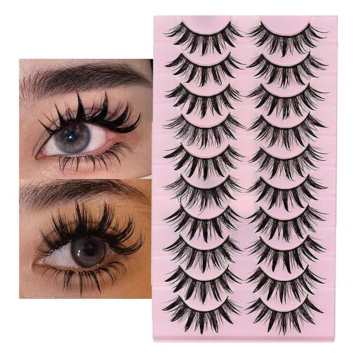 DSLONG 10 Pairs Manga Lashes Wet Look Lashes Effect Cat Eye Lashes Extension Spiky Mink Lashes Japanese Cosplay Styles Anime Fake Eyelashes Reusable