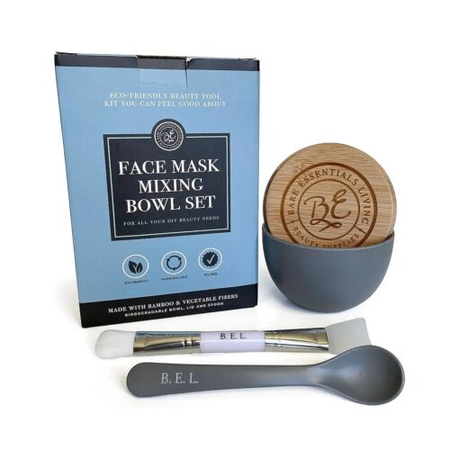 Clay Face Mask Mixing Bowl Set- Kit with Bamboo Lid, Spoon, Dual Sided Face Mask Brush Applicator Soft Silicone Spatula and Face Mask Brush for DIY Clay Mud Mask, Facials, Body and Hair ( Grey )