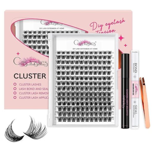 DIY Eyelash Extension Kit, Crislashes Cluster Lashes Kit with 168 PCS 8-16mm Mixed, Thin Band, Lash Bond and Seal, Applicator, Reusable Home Use ( KIT 02 )