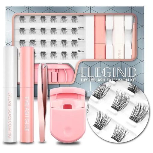 DIY Eyelash Extension Kit With 3D Volume 12/14mm Lash Clusters, Plastic Eyelash Curler, Cluster Lash Glue And Eyelash Glass Coating For Home Use And individual lashes Extensions Look