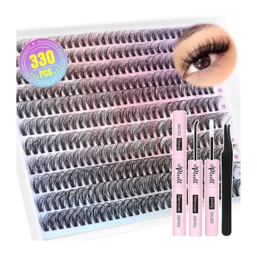 DIY Lash Extension Kit 330 Clusters Eyelash Extension Kit Fluffy Individual Lashes Natural Look with Lash Bond and Remover Lash Applicator 10-16MM Wispy False Eyelashes Clusters Kit by Pleell