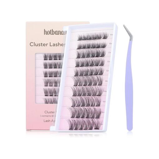 HOTBANANA Self Adhesive Lash Clusters Kit False Eyelashes, 60 Pcs D Curl Wispy Individual Lashes Cluster Natural Look DIY Eyelashes Extensions Kit Fluffy Reusable Upper Eyelash Clusters 10-16mm SET-E