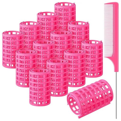 12 Pieces Hair Roller, Large Size Plastic Hair Rollers Hair Curlers with Steel Pintail Comb Rat Tail Comb for Short Hair Long Hair Hairdressing Styling Tools ( Pink,6.8 x 3.6 cm )