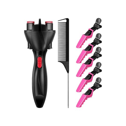 7 Pieces Automatic Hair Braider Set, Includes Electronic Hair Braiding Tool Machine Braid Maker Hair Twister DIY Tool with Rat Tail Comb and Crocodile Hair Clips for DIY Hair Styling ( Rose Red )