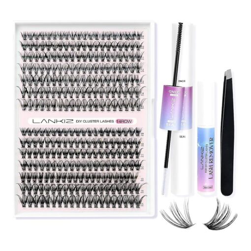 LANKIZ DIY Lash Extension Kit, 30+40D Lash Clusters Kit, 280pcs Individual Lashes with Lash Bond & Seal Glue, Lash Remover for Cluster Eyelashes, 9-15mm Mix C Curl Eyelash Extension Kit at Home