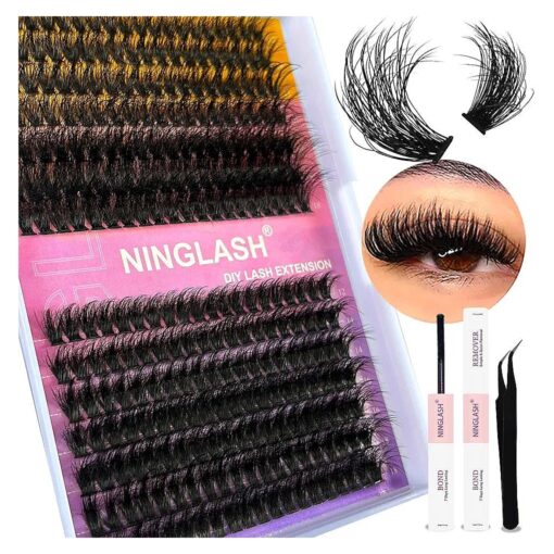 Lash Clusters Fluffy NINGLASH 100D 200D DIY Lash Extension Kit with Lash Bond, Lash Remover, Lash Applicator, Volume 280 Pcs Cluster Eyelashes Extension Individual Eyelashes Kit Thick Eyelash 12-18mm