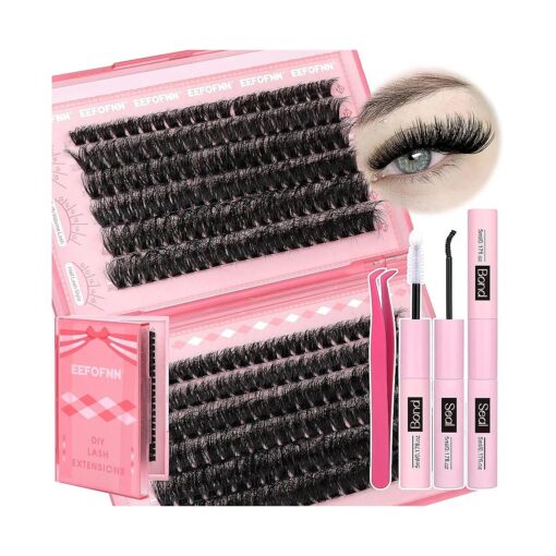 Eefofnn Fluffy Lash Extension Kit 240pcs DIY Individual Eyelashes Kit 80D+100D Cluster Lashes with Bond and Seal Lash Glue Tweezers 10-20MM D Curl Volume Eyelash Extensions DIY Lashes Extension Kit