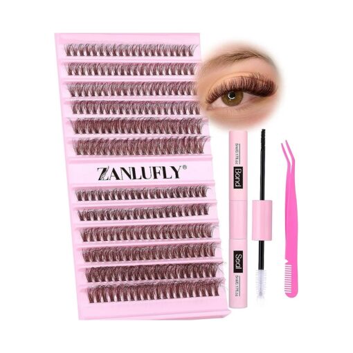 Lash Extension Kit Brown Fluffy Lash Clusters Kit 40D+50D Individual Lashes Kit D Curl Eyelash Cluster Natural DIY Eyelash Extension Kit with Lash Bond and Seal and Lash Applicator ( 10-18MM,240Pcs )