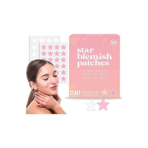 LivaClean Star Blemish Patches ( 240CT ) - Salicylic Acid & Tea Tree Oil - Clear & Pink Pimple Patch Cute - Acne Patches Star - Cute Pimple Patches - Star Pimple Patches for Face - Star Pimple Patches