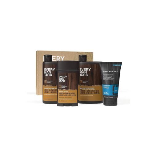 Men 's Amber + Sandalwood Bath and Body Gift Set - Clean Ingredients & Sandalwood, Amber, and Vetiver scent - Round Out His Routine with Body Wash, 2-in-1 Shampoo, Deodorant & Face Wash