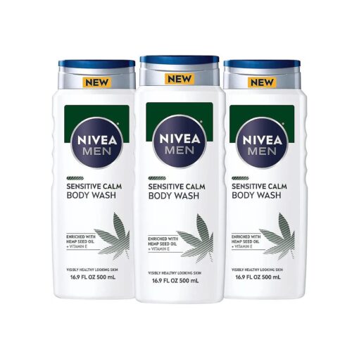 NIVEA MEN Sensitive Calm Body Wash with Vitamin E and Hemp Seed Oil, 3 Pack of 16.9 Fl Oz Bottles