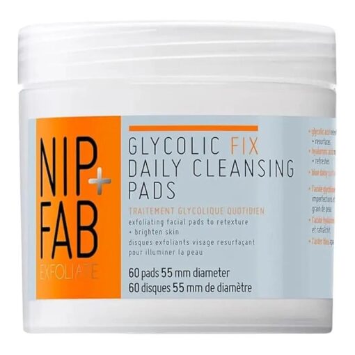 Nip + Fab Glycolic Acid Fix Daily Cleansing Pads for Face with Hyaluronic Acid, Witch Hazel, Exfoliating Resurfacing AHA Facial Cleanser for Exfoliation Even Skin Tone Brighten Skin, 60 Pads