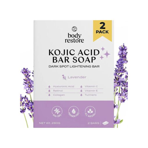 Body Restore Kojic Acid Soap, ( Lavender 2 Pack ), Fathers Day Dad Gifts, with Vitamin C, E, Shea Butter, Collagen, Hyaluronic Acid, Turmeric, Retinol For Dark Spots, All Natural Soap Bar, Paraben Free