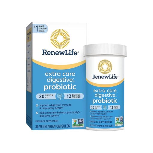 Renew Life Extra Care Digestive Probiotic Capsules, Daily Supplement Supports Immune, Digestive and Respiratory Health, L. Rhamnosus GG, Dairy, Soy and gluten-free, 30 Billion CFU, 30 Count