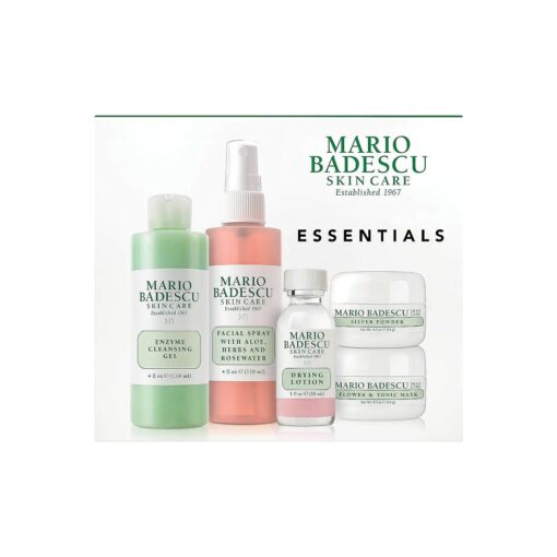 Mario Badescu Essentials 5 Piece Kit, Skincare Gift Set With Drying Lotion, Rose Water Facial Spray, Silver Powder, Enzyme Cleansing Gel and Flower & Tonic Mask