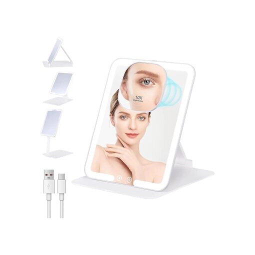 Makeup Mirror with Lights and Magnification 10X, 1800mAh Rechargeable Travel Makeup Mirror with 3 Colors Lights, Portable Ultra Slim Cosmetic Mirror Travel Essentials, White