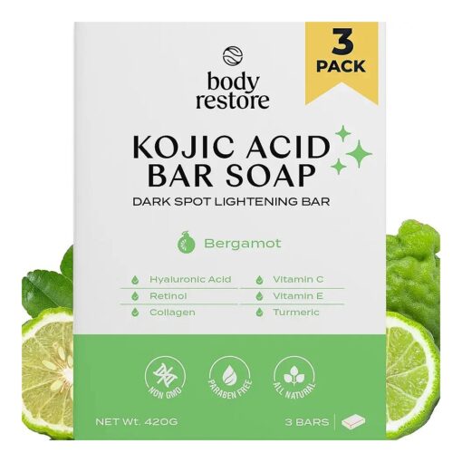 Body Restore Kojic Acid Soap, Fathers Day Dad Gifts, ( Bergamot 3 Pack ), with Vitamin C, E, Shea Butter, Collagen, Hyaluronic Acid, Turmeric, Retinol For Dark Spots, All Natural Soap Bar, Paraben Free