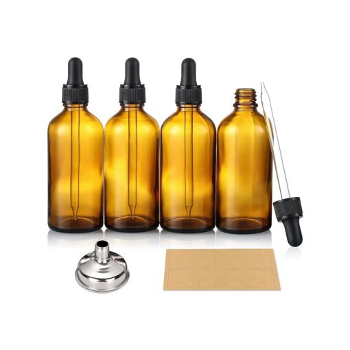 AOZITA 4 Pack, 4oz Amber Glass Dropper Bottles with 1 Funnel & 4 Lables - 120ml Dark Brown Tincture Bottles with Eye Droppers - Leakproof Travel Bottles For Essential Oils, Liquids