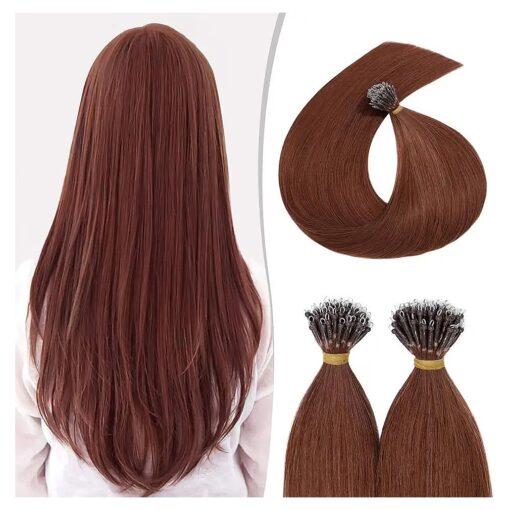 Nano Ring Human Hair Extensions Pre Bonded Keratin Fusion Stick Tip Iron Loop Link 50 strands 75g Straight Micro Bead Remy Hairpiece for Women Highlighted 20inch Dark Auburn # 33