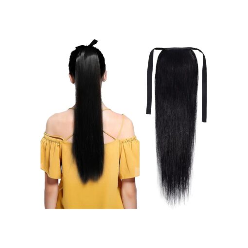 Remy Human Hair Tie up Ponytail Hair Extensions Comb Binding Pony Tail Hairpiece Long Straight One Piece with Ribbon for Women Girl Dark Black 20inch # 1 95g