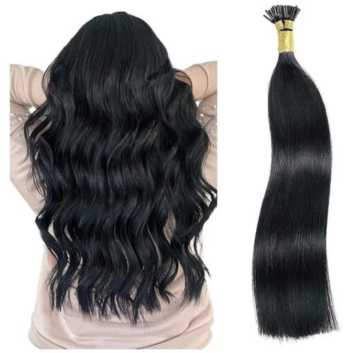 I Tip Human Hair Extensions, Straight Stick Fusion Human Hair I Tip Extensions for Women,100g /Pack 22" /55cm # 1 Dark Black Real Hair I Tip Extensions